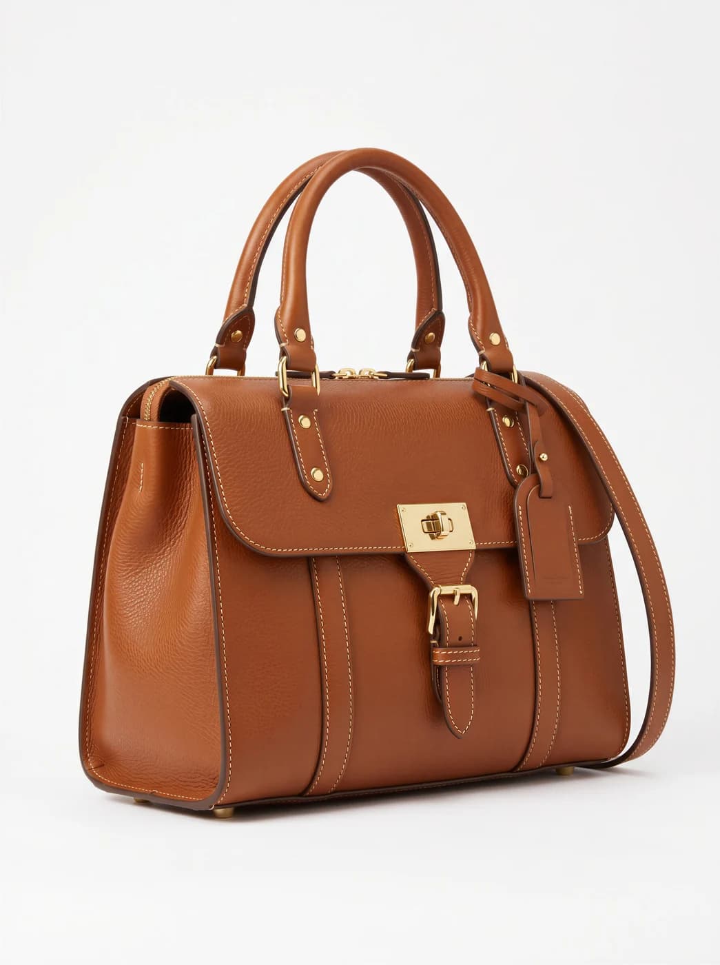 حقيبة يد جلدية بنّية بمقبضين وقفل ذهبي