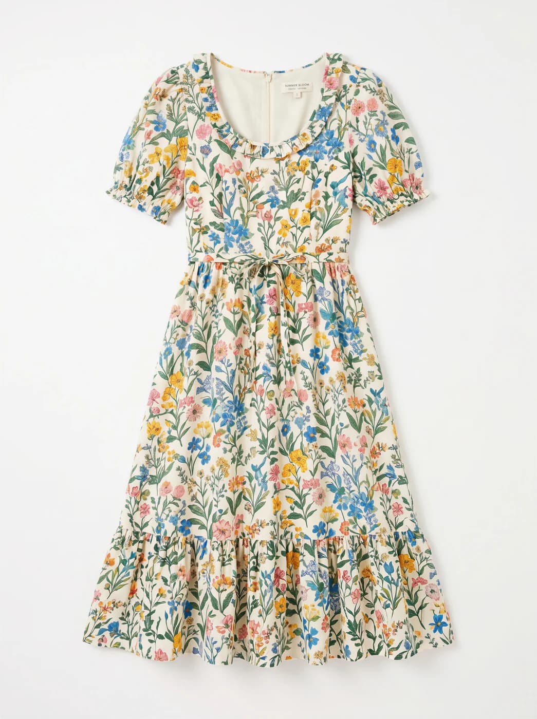 A floral short-sleeved dress photographed flat