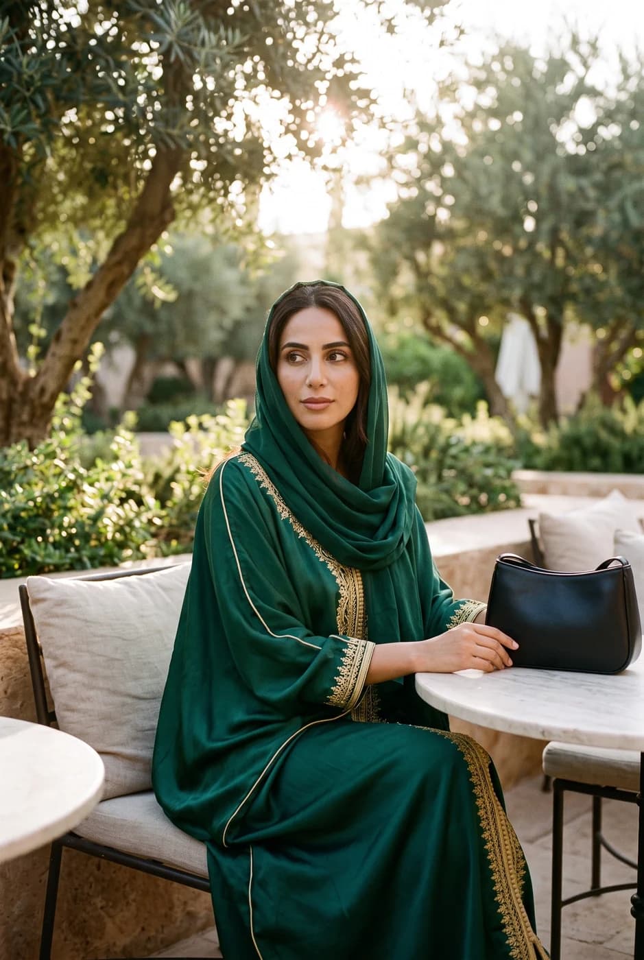 امرأة بقفطان زمرّدي مطرّز جالسة في حديقة بجانب حقيبة سوداء