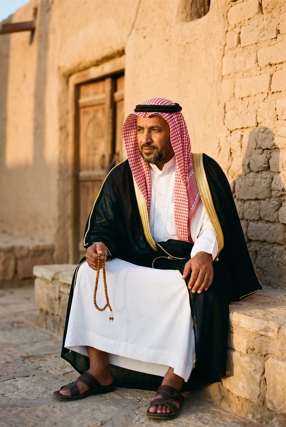 رجل سعودي بثوب أبيض وبشت أسود مذهّب الحاشية جالساً أمام جدار طيني نجدي